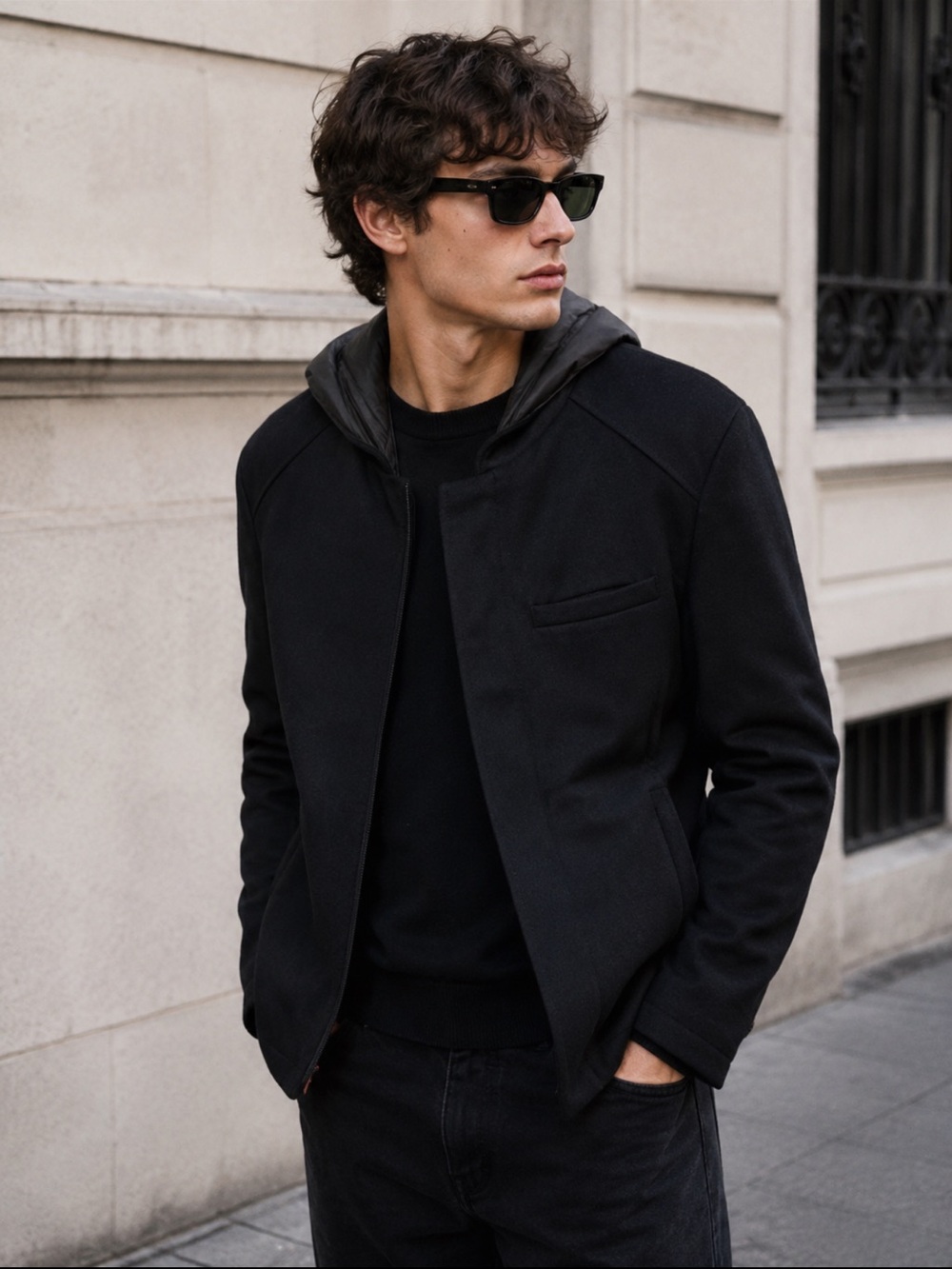 Zara Man Black Double Zip Hooded Jacket Small Minimalist Streetwear